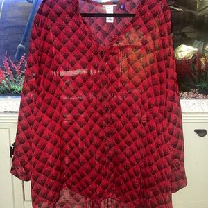 Catherines Thin Red and Black Boxy Blouse with Mandarin Collar size 3XWP